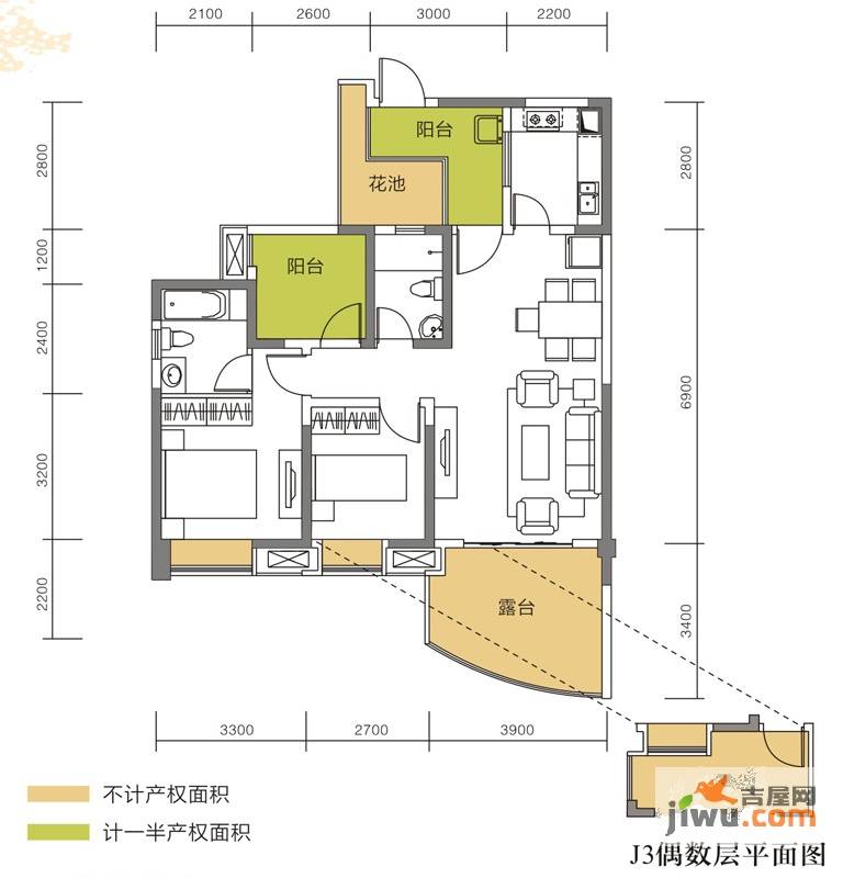 首创东公元3室2厅2卫88.3㎡户型图