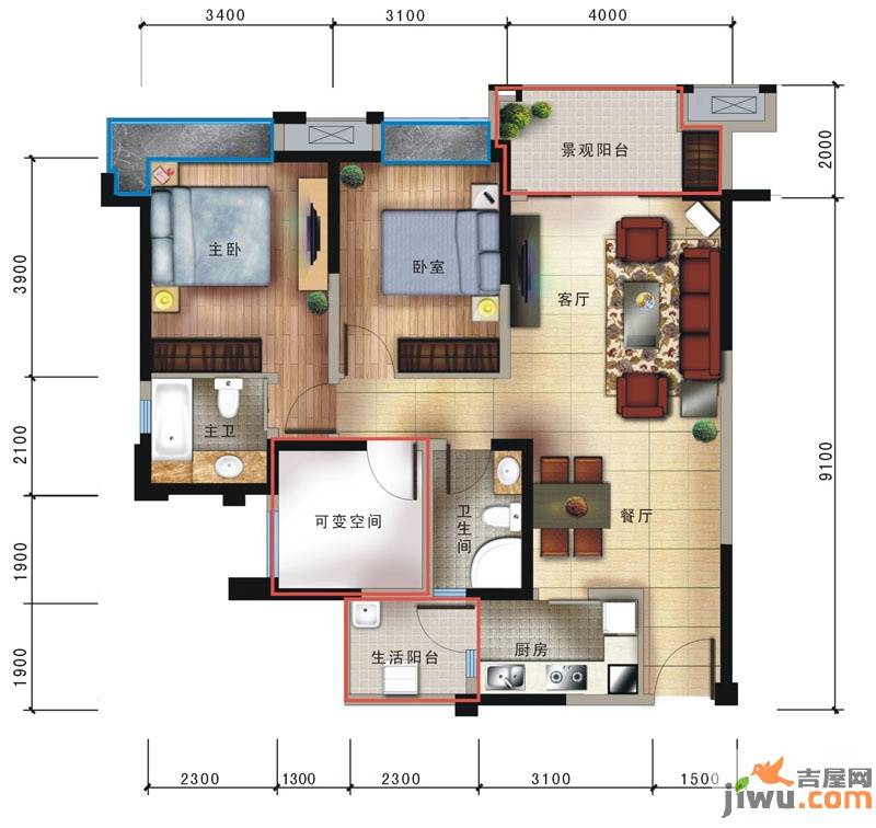 新里柏仕公馆2室2厅2卫104.4㎡户型图