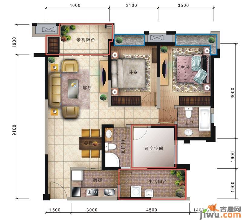 新里柏仕公馆2室2厅2卫106.4㎡户型图