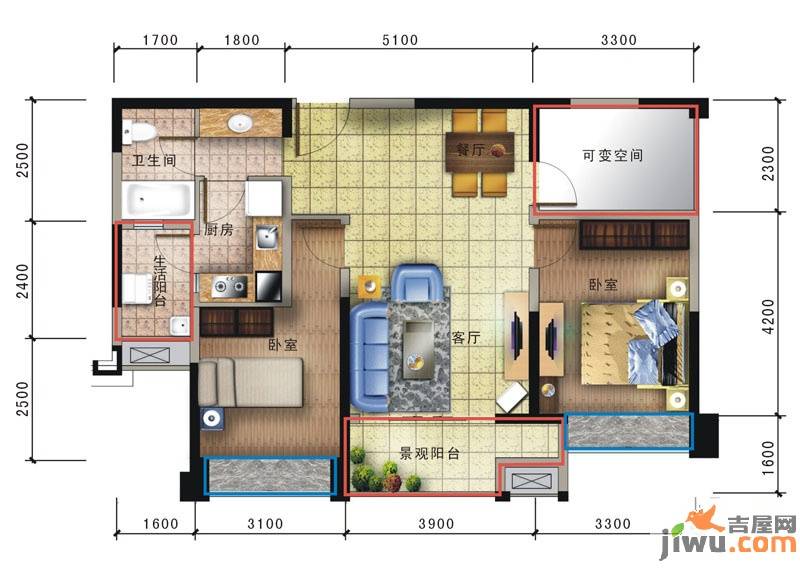 新里柏仕公馆2室2厅1卫89.8㎡户型图