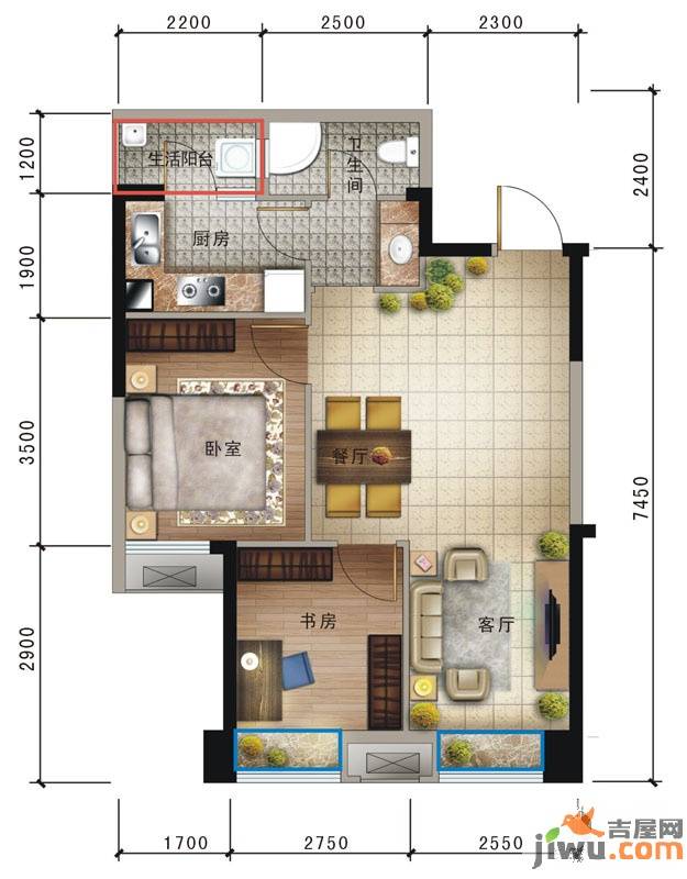 新里柏仕公馆2室2厅1卫71㎡户型图