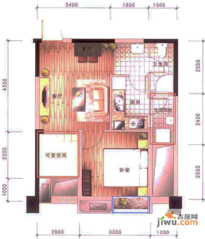 新里柏仕公馆1室2厅1卫50㎡户型图