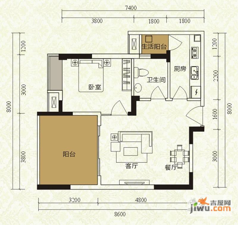 沙河上一期1室2厅1卫59.7㎡户型图