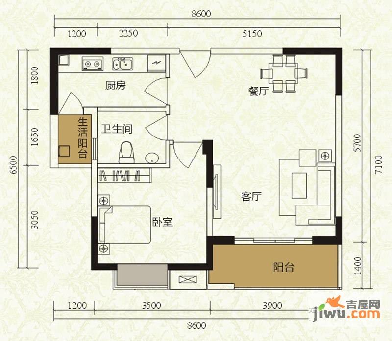 沙河上一期1室2厅1卫61.1㎡户型图