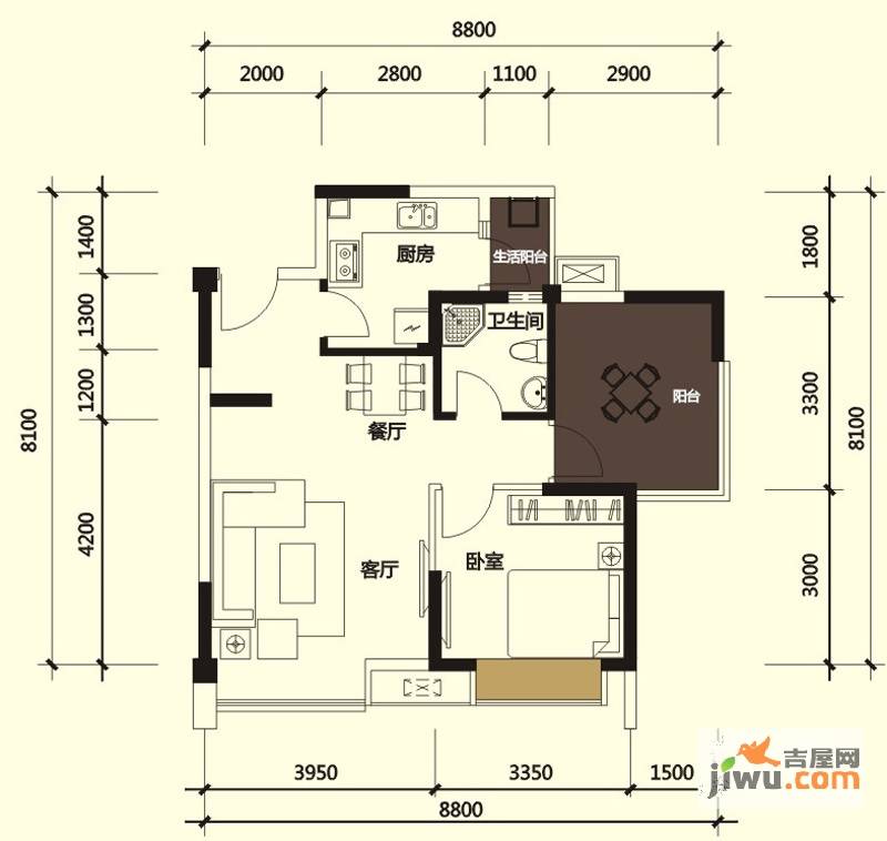 沙河上一期1室2厅1卫66.2㎡户型图