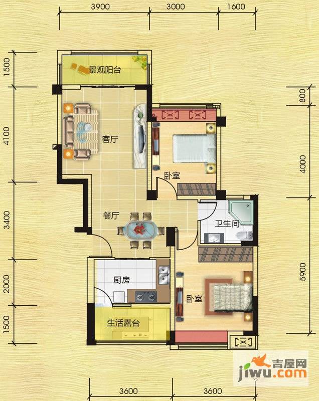 都江逸家2室2厅1卫83.9㎡户型图