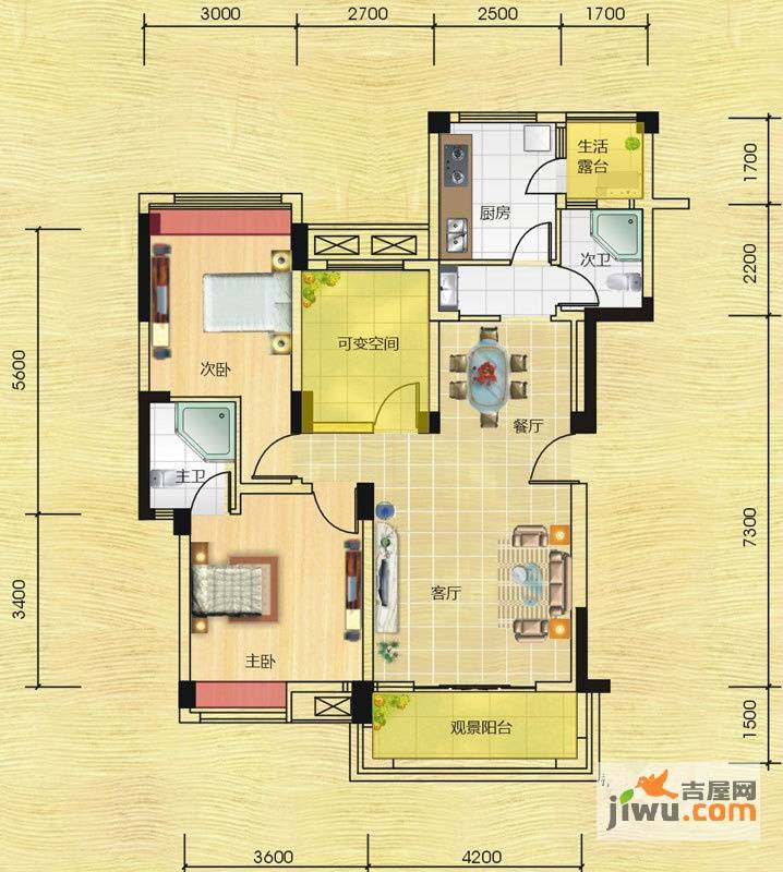 都江逸家2室2厅2卫94.4㎡户型图