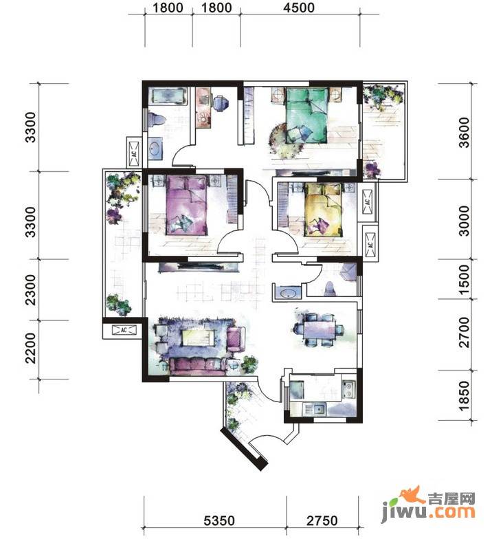 翡翠半岛国际社区3室2厅2卫122.3㎡户型图