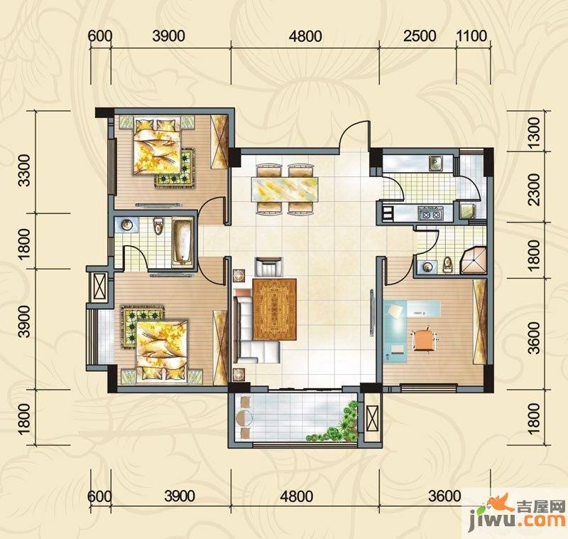 尉洪白兰地2室2厅1卫113㎡户型图