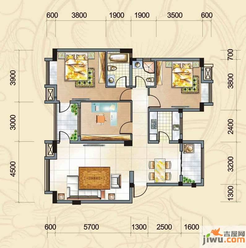 尉洪白兰地3室2厅2卫121㎡户型图