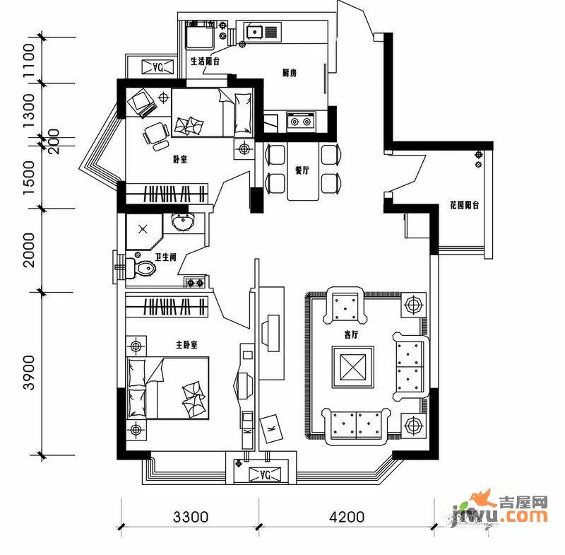 东润豪庭2室2厅1卫88.9㎡户型图