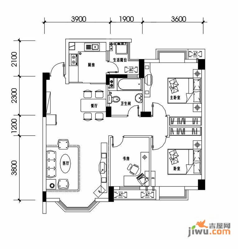 东润豪庭3室2厅1卫91.7㎡户型图