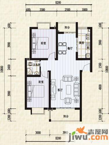 鸿盛鑫和苑2室2厅1卫88.4㎡户型图