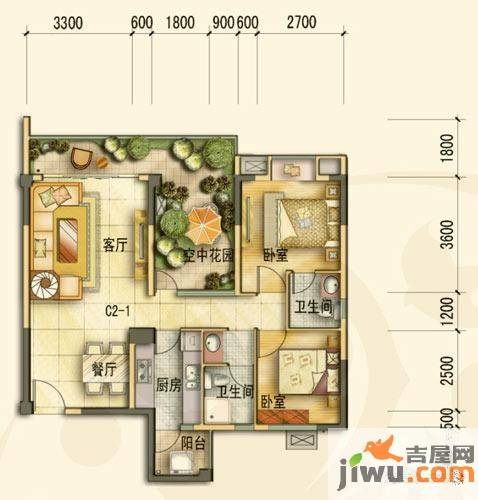 旺府豪庭2室2厅1卫95.7㎡户型图