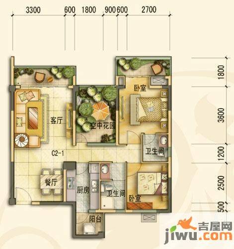 旺府豪庭2室2厅1卫95.7㎡户型图