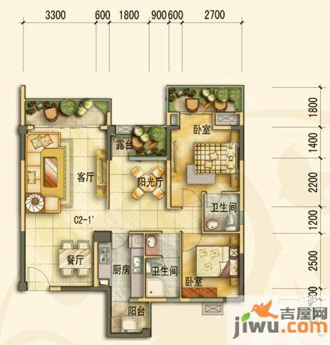 旺府豪庭2室2厅1卫94.5㎡户型图