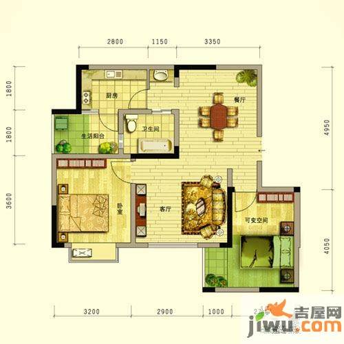 阳光地中海1室2厅1卫70.4㎡户型图