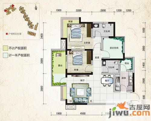 北湖龙郡2室2厅2卫89.7㎡户型图