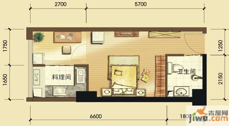 正成翡翠琉璃1室1厅1卫38.3㎡户型图