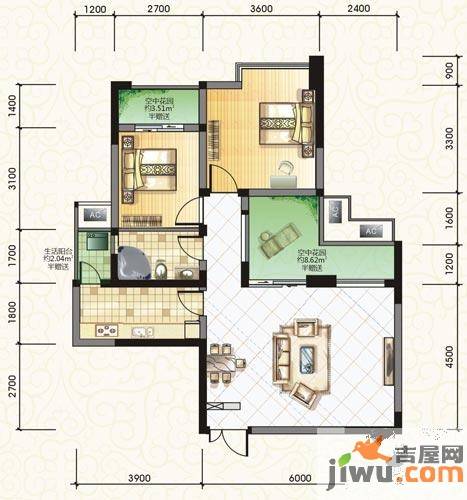 榕树岭2室2厅1卫87.6㎡户型图