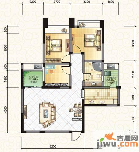 榕树岭3室2厅1卫92.1㎡户型图