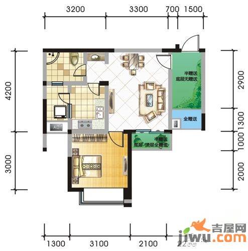 榕树岭1室1厅1卫43.1㎡户型图