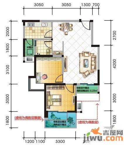 榕树岭2室1厅1卫74.9㎡户型图