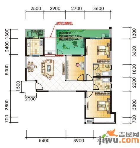 榕树岭3室2厅2卫111.6㎡户型图