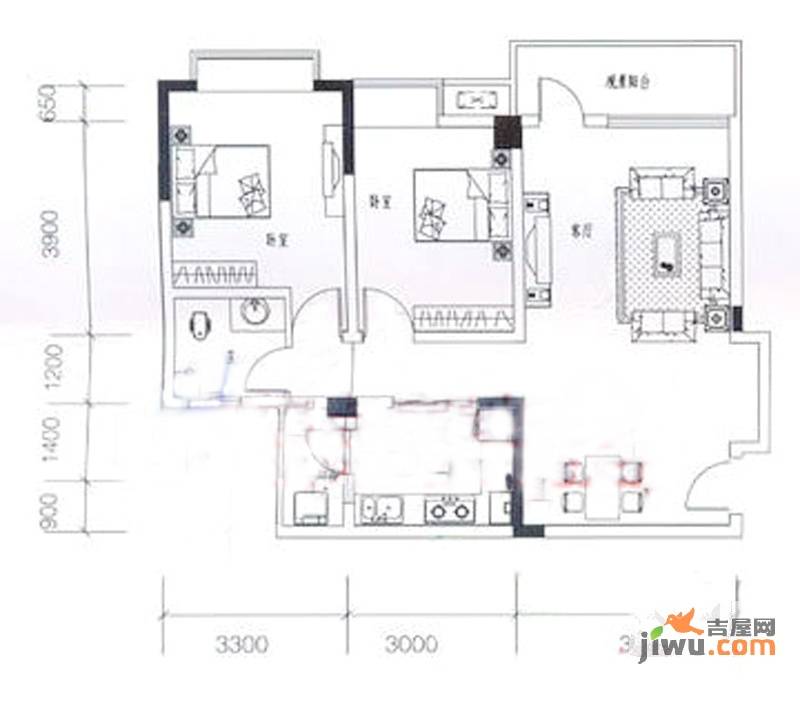 寅生花香龙都2室2厅1卫88.7㎡户型图