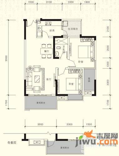 桃园柳岸2室2厅1卫84.3㎡户型图