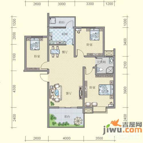 天府江南3室2厅2卫100.3㎡户型图