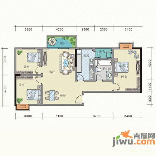 天府江南3室2厅1卫121.2㎡户型图