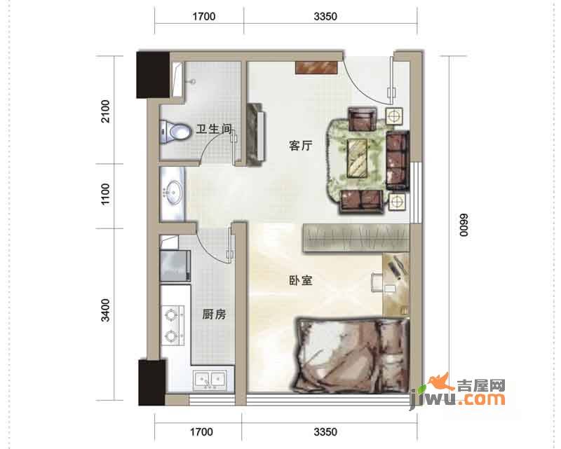 汇融新贵公馆1室1厅1卫38.9㎡户型图