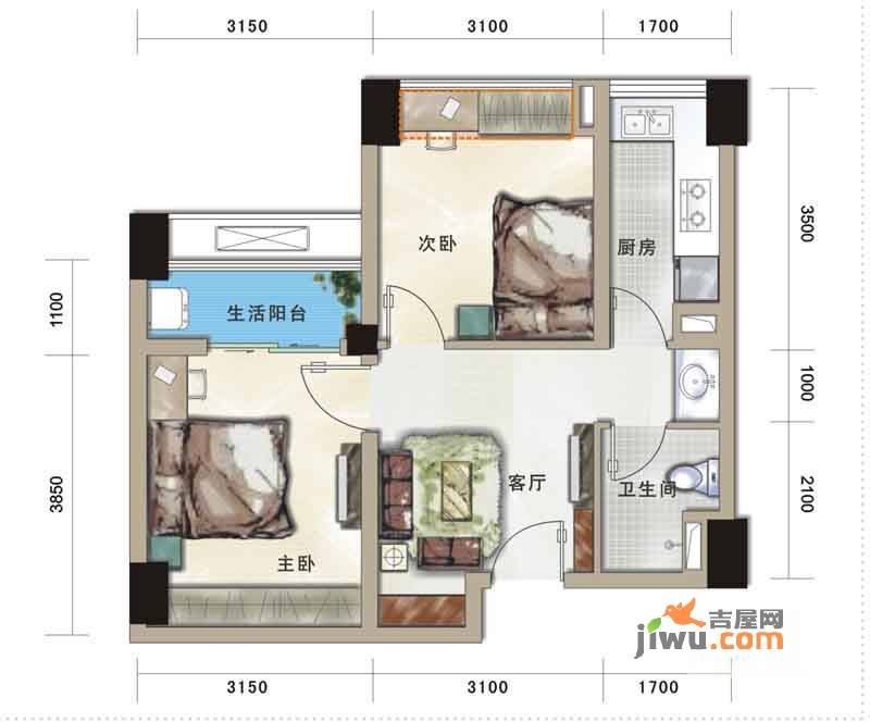 汇融新贵公馆2室1厅1卫53.9㎡户型图