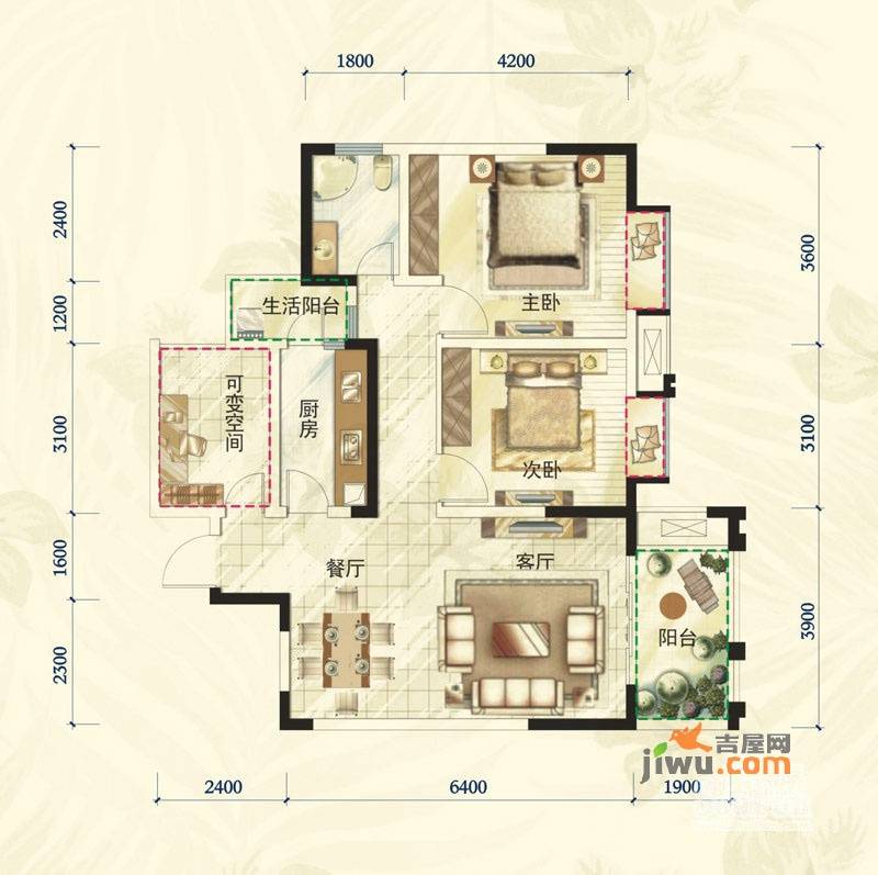 通瑞月光湖2室2厅1卫88.9㎡户型图