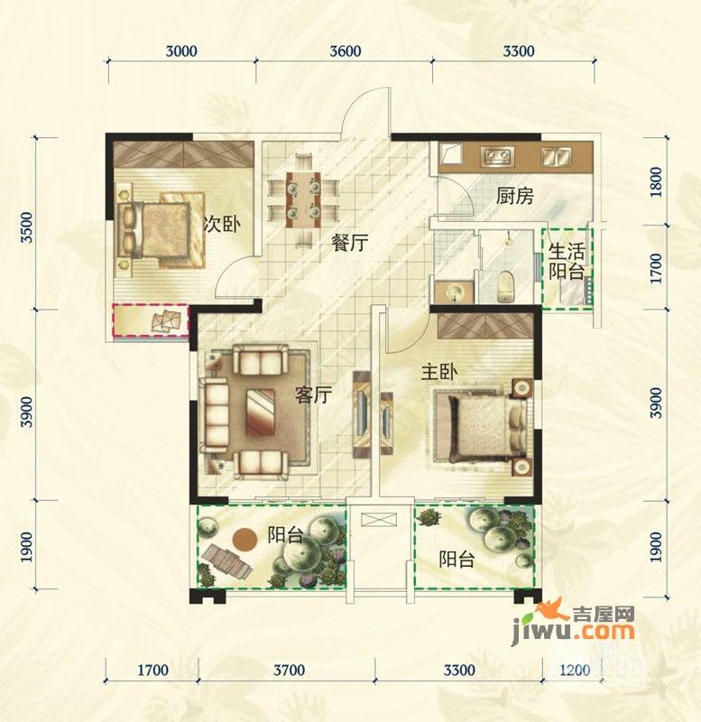 通瑞月光湖2室2厅1卫81.4㎡户型图