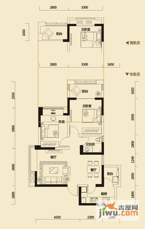 金牛万达广场2室2厅1卫72㎡户型图