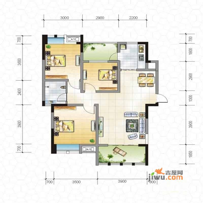 弗客水岸3室2厅1卫96.4㎡户型图