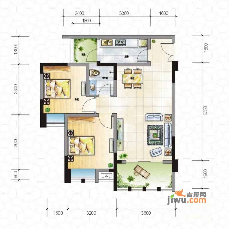 弗客水岸2室2厅1卫77.3㎡户型图