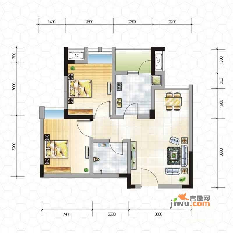 弗客水岸2室2厅1卫59.3㎡户型图