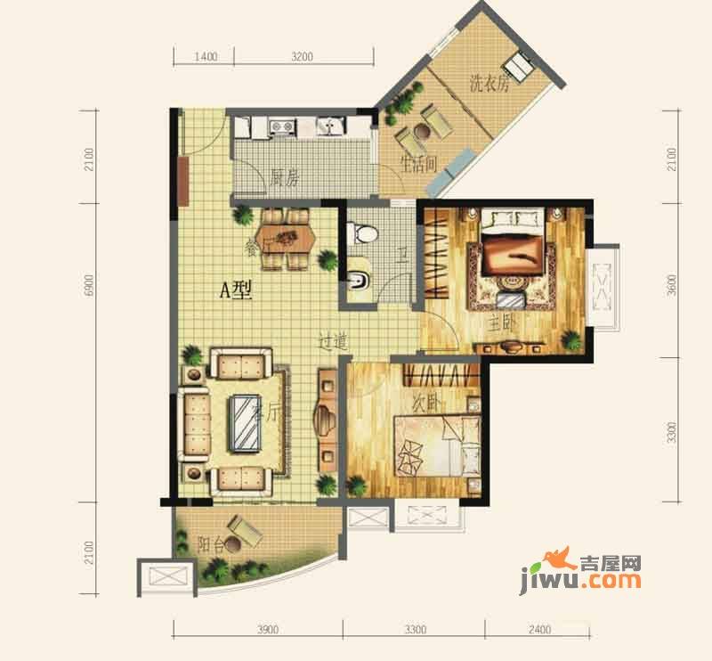 蜀都新天地2室2厅1卫92.5㎡户型图