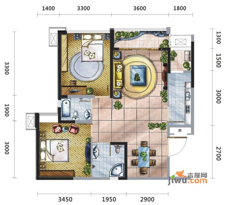 大王钰城2室2厅2卫77.3㎡户型图