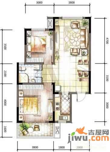 万鸿城市花园2室2厅1卫88㎡户型图