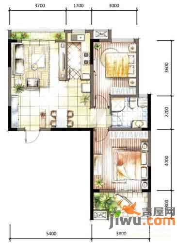 万鸿城市花园2室2厅1卫87㎡户型图