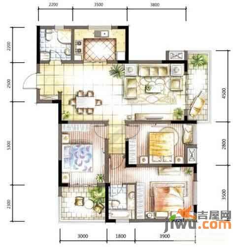 万鸿城市花园3室2厅2卫122㎡户型图