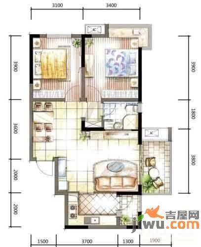 万鸿城市花园2室2厅1卫87㎡户型图