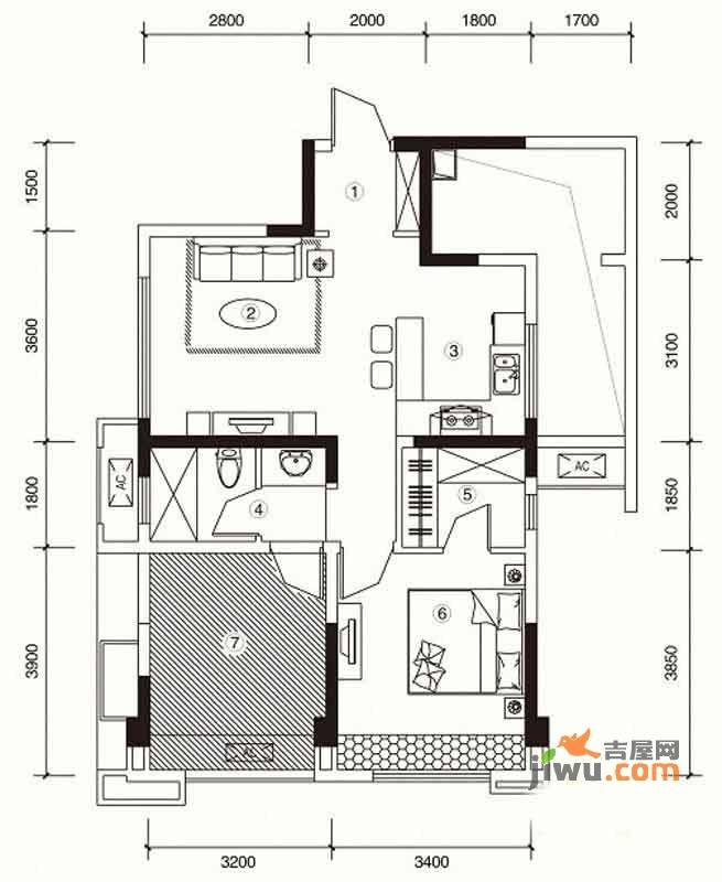 万科金色海蓉一期1室2厅1卫63㎡户型图