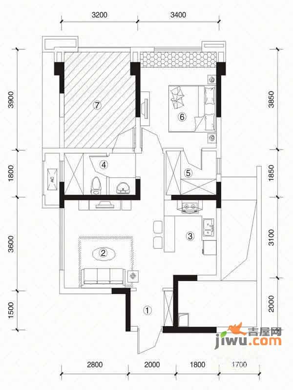 万科金色海蓉一期2室2厅1卫67㎡户型图