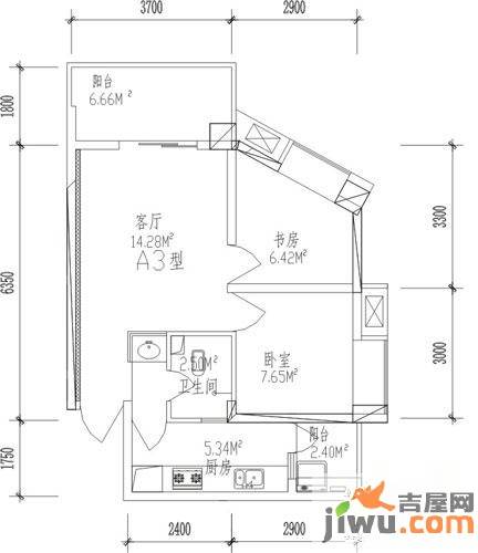 上城国际2室1厅1卫65.8㎡户型图