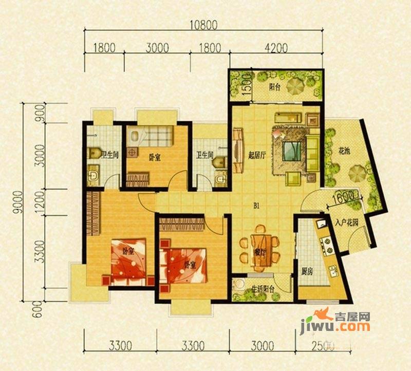 嘉美华凯3室2厅2卫111.1㎡户型图